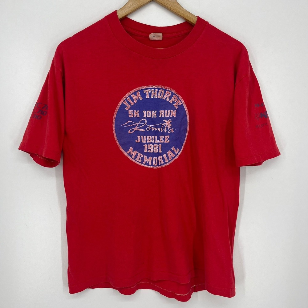 Vintage 1981 Jim Thorpe Memorial Run T-Shirt Red Belton Made in USA Mens Large